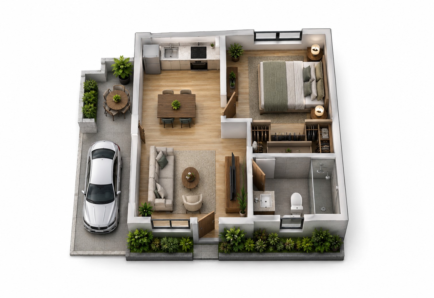 Representación de vivienda de una planta con cochera y terraza