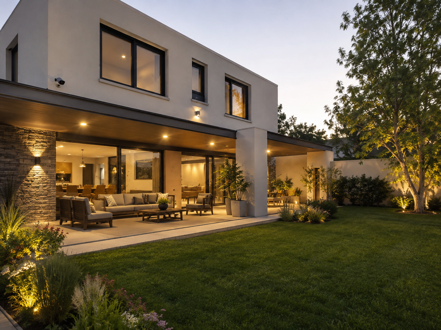 Casa con puerta principal, portón y varios puntos de acceso