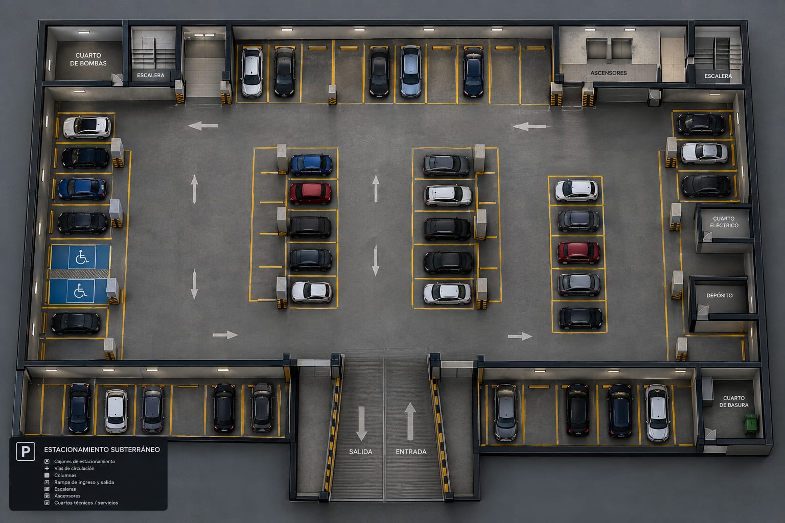 Plano esquemático de seguridad en estacionamiento subterráneo