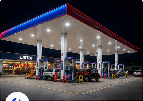 Estación de servicio durante operación nocturna